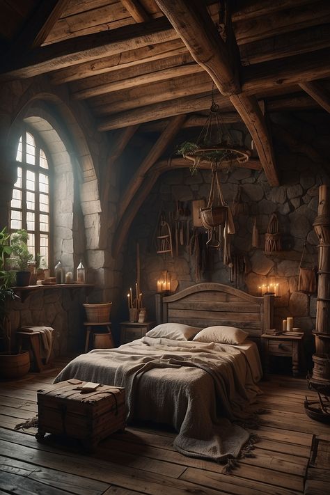 Create a medieval bedroom to rest after a hard battle 3 Medieval Houses Interior, Modern Medieval Home, Dnd Bedroom, Mideaval Art, Medieval Room Aesthetic, Viking House Interiors, Vikings Bedroom, Medieval Interior Design, Fantasy Bedroom Aesthetic