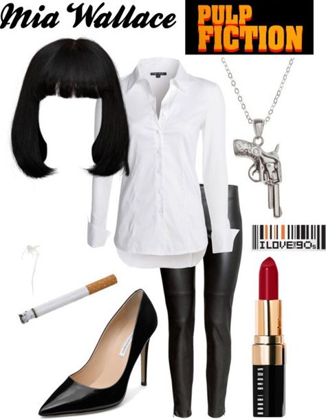 Mia Wallace - Pulp Fiction - '90s #typeacon Party Fashion via @typeaparent by @coloradomoms Pulp Fiction Fancy Dress, Black Haired Costume Ideas, Pulp Fiction Outfit, Pulp Fiction Makeup, Disfraz Mia Wallace, 90s Costume Ideas, Halloween Costumes Black Hair, Pulp Fiction Costume, Mia Wallace Costume