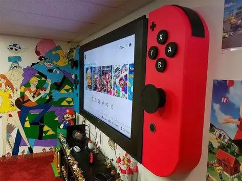 These are not mine I just wanted to make sure everyone was aware this is our there.. it’s so freaking awesome - Imgur Nintendo Tv Frame, Switch Tv Frame, Nintendo Switch Tv Frame, Nintendo Room, Airbnb Ideas, Nintendo Controller, Tv Wall Mounts, Video Game Room Design, Gaming Setups