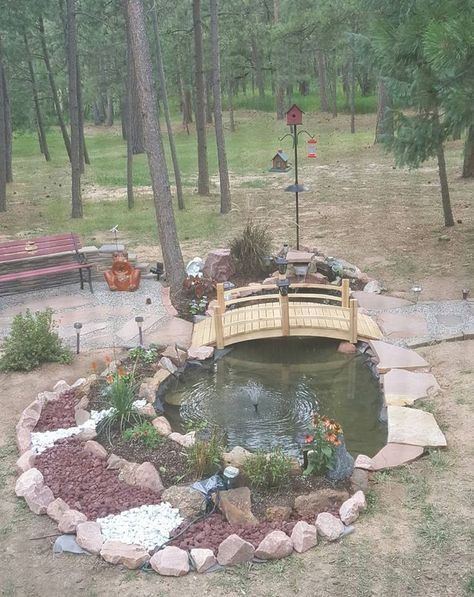 A pond AND a bridge? This is living the life! Charming Backyard, Backyard Upgrades, Small Pond, Backyard Garden Landscape, Backyard Water Feature, Garden Arbor, Small Backyard Gardens, Easy Backyard, Large Backyard