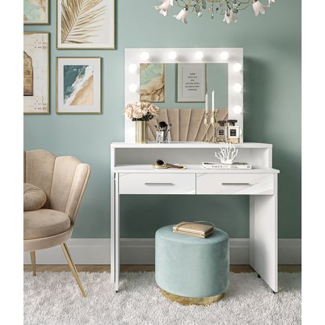 The beautiful ESCADA dressing table was created for all those who want to bring modern design solutions into their home. The light, geometric shape, and white color visually brighten up the room and allow the furniture to fit easily into the interior. In addition to its aesthetic qualities, the dressing table is also very practical and useful. It has a large mirror and 12 warm LED bulbs perfect for professional make-up. Because our Escada dressing table is so compact, it also fits well in smalle Room Decor Small Spaces, Makeup Room Decor Small Spaces, Decor Small Spaces, Room Decor Small, Vanity Makeup Table, Dressing Table With Mirror, Bedroom Makeup Vanity, Table With Mirror, Mirror Stool