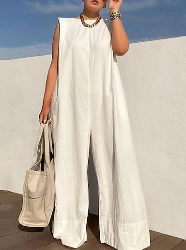 White Fashion Casual, Solid Color Jumpsuits, Loose Jumpsuit, White Jumpsuit, Boho Maxi Dress, Fashion Pattern, White Casual, Wide Leg Jumpsuit, Sleeveless Tank