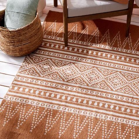 Bali Terracotta and White Ikat Reversible Indoor Outdoor Rug | World Market Bali Rug, World Market Rug, Terracotta Rug, Boho Outdoor, Floor Runners, Ancient Designs, Ikat Design, Backyard Spaces, Indoor Outdoor Rug