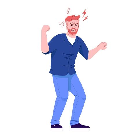 Angry man flat vector illustration. Male aggression, violence. Negative emotions. Enraged guy clenching his fist isolated cartoon character with outline elements on white background Angry Man Illustration, Man Yelling Drawing Reference, Angry Man Drawing, Quarrel Couple, Mad Drawing, Angry Illustration, Litle Boy, Angry Cartoon, Angry Man