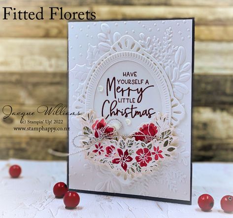 Pair the Merriest Moments folder with the new Framed Florets dies for an elegant finish (combination inspired by Gail Ellis). This makes for a wonderful Christmas or wedding project! https://stamphappy.co.nz/merriest-moments-framed-florets-christmas-card/ Merriest Moments, Stamped Christmas Cards, Homemade Christmas Cards, Stampin Up Christmas, Fancy Fold Cards, Christmas Cards To Make, Stamping Up Cards, Card Tutorials, Christmas Cards Handmade