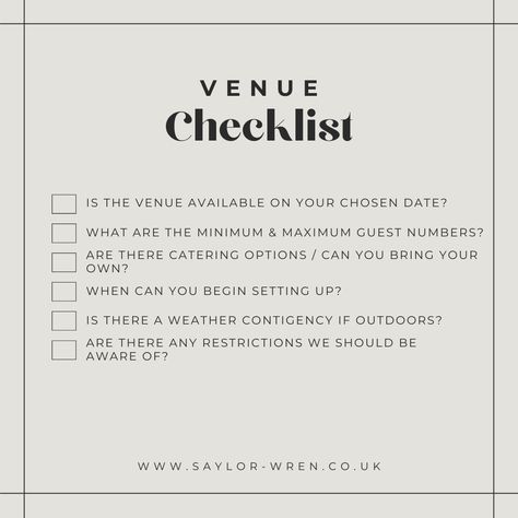 When visiting a venue, it's so important to ensure you're asking all the right questions, to make the most informed decision! We've pulled together some key questions to ask your venue coordinator. We can even come with you if you like😉 #eventplanner #eventplanning #eventdesign #eventmanagement #eventsvenue #ukweddingvenue #ukevents #eventvenues #SaylorWren Venue Checklist, Things To Ask, Catering Options, Wedding Venues Uk, Indoor Wedding, Event Marketing, Event Management, Questions To Ask, Wren