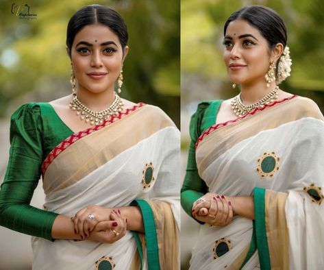 For an event, Poorna wore a traditional white Kerala saree that featured embroidered green motifs paired with a green three-quarter puff sleeves blouse by Vasah. Jewelry from Kushal's Fashion Jewellery, green bindi and a center-parted gajra bun complemented her look! Three Forth Sleeve Saree Blouse, Kerala Cotton Saree Blouse, Three Quarter Sleeve Blouses For Saree, Onam Saree Blouse Ideas Full Sleeve, Quarter Sleeve Blouse Design, Kerala Saree Blouse Designs Puff, Puff Sleeve Blouse Indian Lehenga, Puff Full Sleeve Blouse Indian, Full Puff Sleeves Blouse