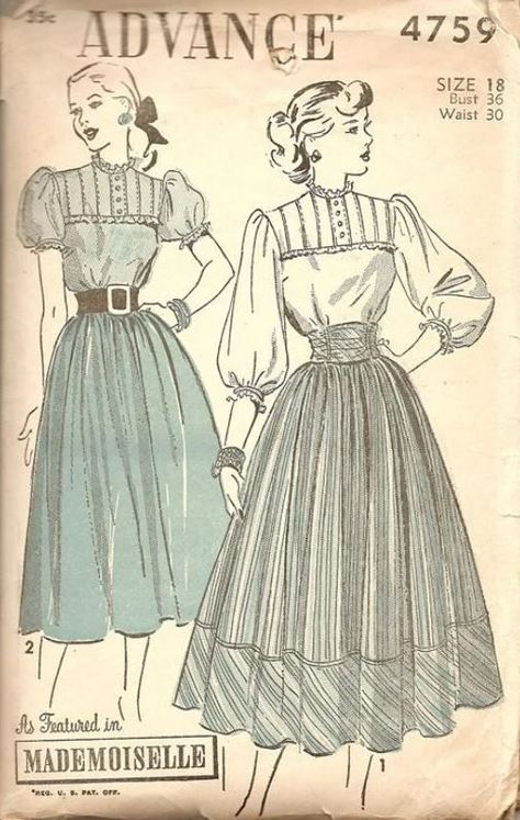 Two piece Afternoon dress. Vintage Fashion Sketches, Vintage Clothes Patterns, Fashion Illustration Vintage, Vintage Dress Patterns, 40s Fashion, Old Fashion, Fashion Sewing Pattern, Fashion Design Sketches, 1940s Fashion