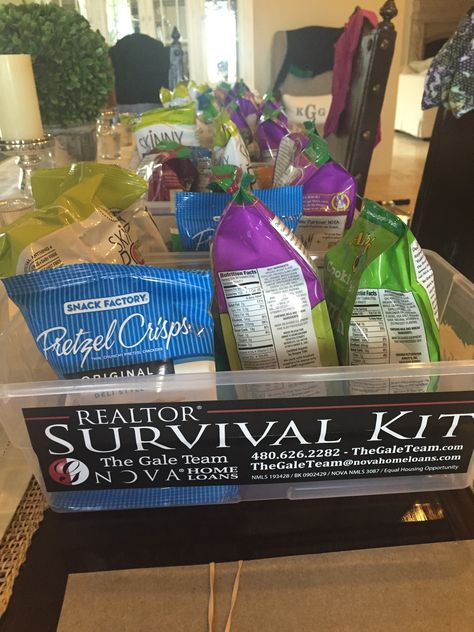 Realtor Survival Kit Realtor Survival Kit Gift, Open House Survival Kit Realtor, Real Estate Survival Kit, Survivor Kit, Realtor Ideas, Sales Ideas, Mortgage Marketing, Survival Kit Gifts, Team Leadership