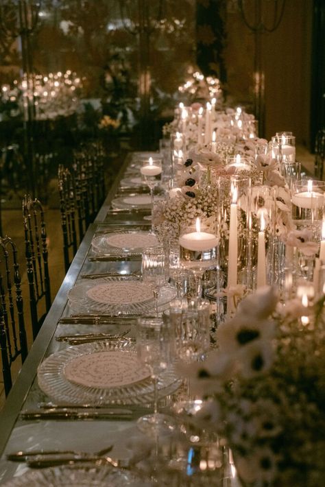 Candlelit Dinner Table Styling With Personalised Place Settings Dinner Table Styling, Simple Table Centerpieces, Mirrored Table, Candlelit Wedding, Candle Lit Wedding, Custom Wedding Napkins, Engagement Dinner, Wedding Crest, Dinner Party Table