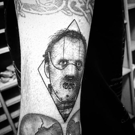 Hannibal Lecter by @ burpi_brebzy Hannibal Lecter Tattoo Ideas, Hannibal Lecter Mask Tattoo, Hannibal Mask Tattoo, Hanibal Lector Tattoo, Hannibal Lecter Tattoo, Hannibal Tattoo, Hannibal Mask, Horror Sleeve, Tattoo Planning