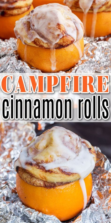 Campfire Orange Cinnamon Rolls, Campfire Orange Cake, Bbq Cinnamon Rolls, Bougie Camping Food, Campfire Cinnamon Rolls On A Stick, Fall Camping Desserts, Halloween Camping Food, Camping Cinnamon Rolls, Camping Desserts Campfire