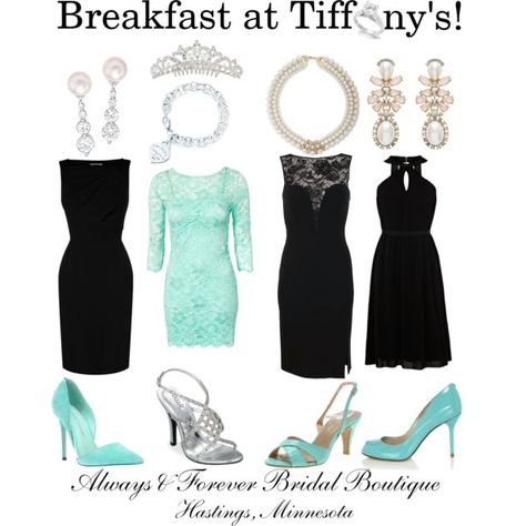 Breakfast at Tiffany's, created by always-and-forever-mn on Polyvore Breakfast At Tiffany's Aesthetic Outfits, Senior Brunch, Breakfast At Tiffany's Dress, Tiffany Birthday, Tiffany Theme, Tiffany Bridal Shower, Tiffany's Bridal, Tiffany Party, Movie Outfits