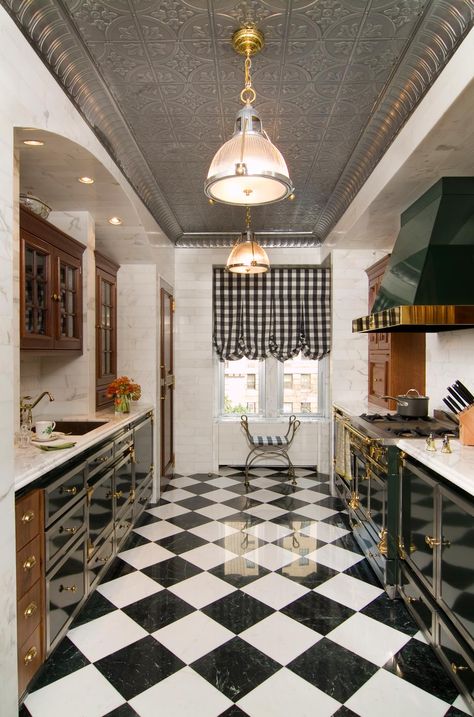 Bilotta Traditional Kitchen - love! Green Kitchen With Checkered Floor, Green Kitchen With Black And White Floor, Checkered Floor Tiles Kitchen, Checkered Kitchen Tile, Black And White Checkered Floor Kitchen, Kitchen With Checkered Floor, Green Checkered Floor, Kitchen Checkered Floor, Checkered Kitchen Floor