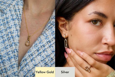 Selecting the right jewelry color to complement your skin tone can significantly enhance your overall look. While personal style and preferences play a role, it's important to consider how silver and gold jewelry can harmonize with your unique complexion. Want to know the secret on how to choose jewelry that actually suits you? Read our blog to learn more. Jewelry 101, Silver And Gold Jewelry, Silver And Gold, Skin Tone, Your Skin, Skin Tones, Gold Jewelry, Personal Style, Yellow Gold