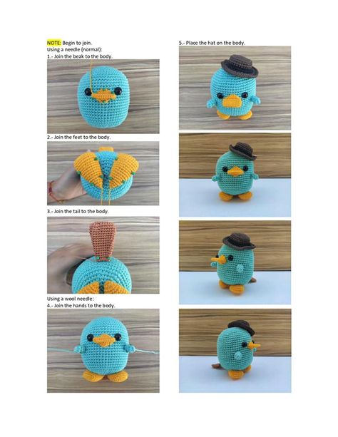 perry the platypus crochet pattern Perry The Platypus Free Crochet Pattern, Mini Platypus Crochet Pattern Free, Bidoof Crochet Pattern, Bibble Barbie Crochet Pattern, Free Adventure Time Crochet Patterns, Platypus Amigurumi Free Pattern, Perry The Platypus Amigurumi, Parry The Platypus Crochet, Crochet Perry The Platypus Pattern