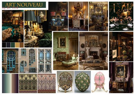 Moodboard Art Nouveau Interior Design Art Nouveau Interior Design Bedrooms, Arts And Crafts Design Style Interiors, Art Nouveau Mood Board, Art Neauveau Interior, Art Nouveau Room, Art Nouveau Kitchen, Art Nouveau Interior Design, Nouveau Interior Design, Art Nouveau Living Room