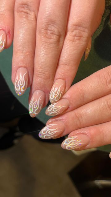 French Nails With Flames, Glitter Flames Nails, Fall Flame Nails, Glitter Fire Nails, Short Fire Nails, Fire Nails Short, Gold Flame Nails, Short Flame Nails, Glitter Flame Nails