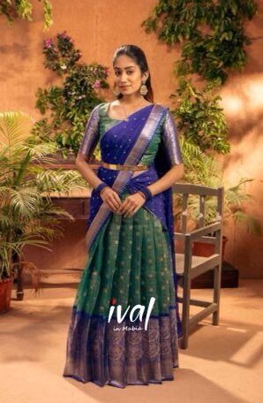 Blue Half Saree, Dark Green Blouse, Blue Dupatta, Lehenga Saree Design, Half Sarees, Blue Organza, Organza Blouse, Wedding Backdrop Decorations, Half Saree Designs