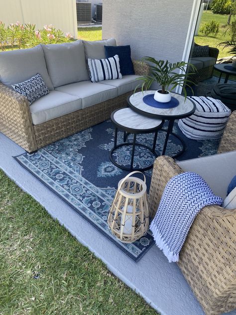 Blue And Grey Patio Decor, Outdoor Patio Ideas Blue Cushions, Outdoor Navy Blue Patio Ideas, Navy Blue And Teal Outdoor Patio Decor, Patio Set For Small Patio, Navy Outdoor Decor Patio, Blue Backyard Decor Patio, Patio With Pool Decorating Ideas, Navy Patio Decor