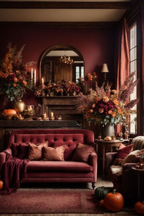 Beautiful Wild Universe Salons Cottage, Fall Interior Design, Cozy Environment, Table Fireplace, Autumn Interior, Fall Lovers, Red Living, Fall Living Room, Interior Wall Paint