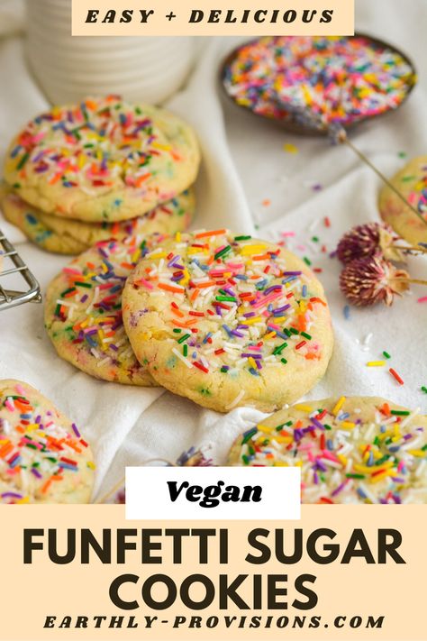 These Vegan Funfetti Sugar Cookies are thick and soft and full of rainbow sprinkles! This vegan cookie recipe is super simple to make and is perfect for beginners. Vegan Sprinkle Cookies, Vegan Funfetti Cookies, Simple Vegan Cookies, Vegan Baked Goods Recipes, Vegan Cookie Dough Recipe, Vegan Cookie Recipe, Vegan Baked Goods, Funfetti Sugar Cookies, Vegan No Bake Cookies