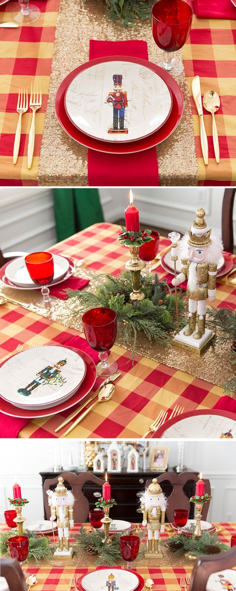 Christmas Nutcracker Party Table! Christmas Tablescapes Nutcracker, Nutcracker Table Setting, How To Display Nutcracker Collection, Nutcracker Themed Christmas Tree, Nutcracker Themed Party, Nutcracker Christmas Party, Christmas Dinner Table Settings, Christmas Gala, Nutcracker Party