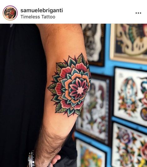 Majestic Tattoo, Traditional Mandala Tattoo, Mandala Arm Tattoo, Tatuaje Cover Up, Traditional Mandala, Traditional Tattoo Flowers, Traditional Tattoo Sleeve, Elbow Tattoos, Tattoo Traditional