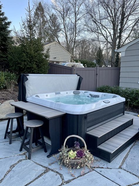 Elegant Hot Tub Surrounds | A&B Outdoor Products Small Backyard Hot Tub Landscaping, Hot Tub Off Patio, Bar Around Hot Tub, Outdoor Patio With Hot Tub, Hot Tub Steps Ideas, Hot Tub Patio Ideas On A Budget, Deck Hot Tub Ideas, Steps For Hot Tub, Hot Tub Siding