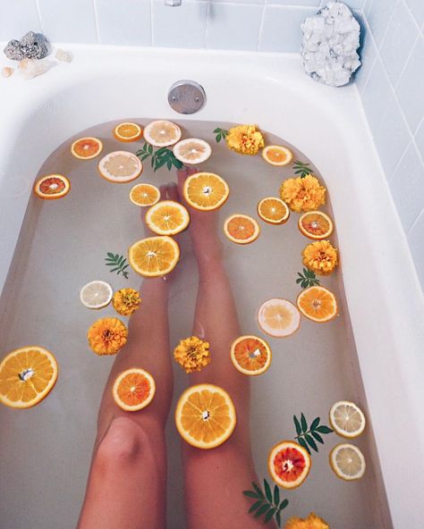 Citrus Bath, Bath Aesthetic, Bath Photography, Orange Water, Flower Bath, Orange Aesthetic, Relaxing Bath, Yellow Aesthetic, Mellow Yellow