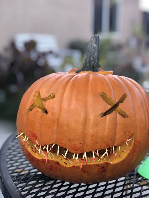 Pumpkin with Tooth pick teeth and fake blood Tooth Pick Pumpkin Carving, Pumpkin With Teeth Carving, Pumpkin Teeth Carving, Pumkin Carving Dental, Carved Pumpkin With Teeth, Detailed Scary Pumpkin Carving, Unique Pumpkin Carving Ideas, Pumkin Decoration, Avatar Poster