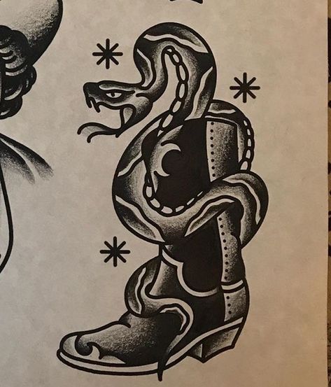 American Traditional Snake, Tattoo Western, Cowboy Boot Tattoo, Traditional Snake, Traditional Snake Tattoo, Traditional Tattoo Drawings, Traditional Black Tattoo, Cowboy Tattoos, Traditional Tattoo Inspiration