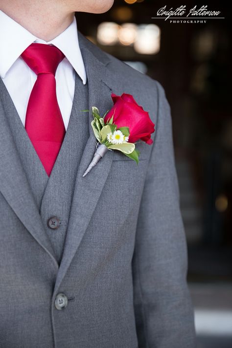 Suits With Red Tie, Grey Suit Red Tie, Red And Grey Wedding Theme, Red And Grey Wedding, Bowling Wedding, Suit With Red Tie, Red Boutonniere, Grey Tux, Belize Wedding