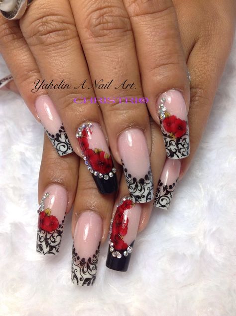 Stunning black and white French manicure with red flowers hand painted with crystals Nails Red Valentines Day, Nails Red Valentines, Nails French Manicure, Red Nail Art Designs, Nails 2016, French Manicures, Younique Products, Wedding Nails French, Red Nail Art