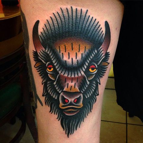 Traditional Bear Tattoo, Acab Tattoo, Bison Tattoo, Outlaw Tattoo, Traditional Tattoo Man, Buffalo Tattoo, Cowboy Tattoos, Traditional Tattoo Inspiration, Native Tattoos