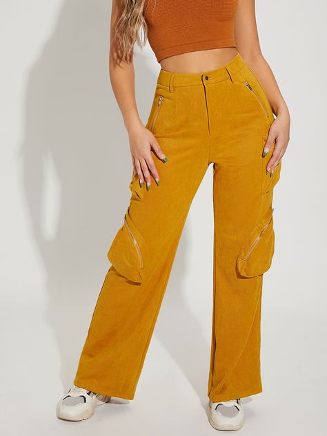 Mustard Yellow Casual   Suede Plain Cargo Pants Embellished Slight Stretch Fall/Winter Women Bottoms Suede Trousers, Pants Embellished, Mustard Pants, Women Bottoms, Yellow Pants, Women Pants, Mustard Yellow, Workout Pants, Winter Women