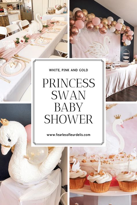 Swan Princess Baby Shower fit for a perfect mother-to-be celebration. Find all the pale pink, white and gold decoration ideas with a pop of swans. Gift ideas for mom-to-be and decor for every budget. #princessbabyshower #swanbabyshower #babysprinkle #pregnancy #pinkbabyshower #secondbaby Swan Lake Baby Shower Theme, Swan Theme Baby Shower Ideas, Princess Theme Baby Shower Ideas, Swan Baby Shower Ideas, Princess Baby Shower Ideas, Swan Baby Shower, Baby Shower Princess Theme, Baby Shower Table Decorations, Swan Princess