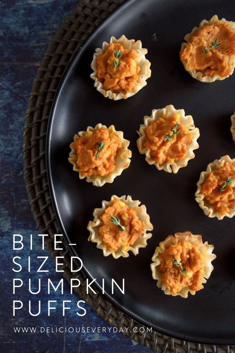 These bite-sized Pumpkin Puffs are infused with Mexican flavor from tangy cotija cheese and rich Crema Mexicana. Plus, they’re easy to make in just 15 minutes! #pumpkin #phyllo #appetizers #vegetarian #mexican Pumpkin Puffs, Phyllo Appetizers, Appetizers Vegetarian, Pumpkin Recipes Dinner, Phyllo Cups, Vegetarian Mexican, Pumpkin Recipes Easy, Fall Appetizers, Cotija Cheese