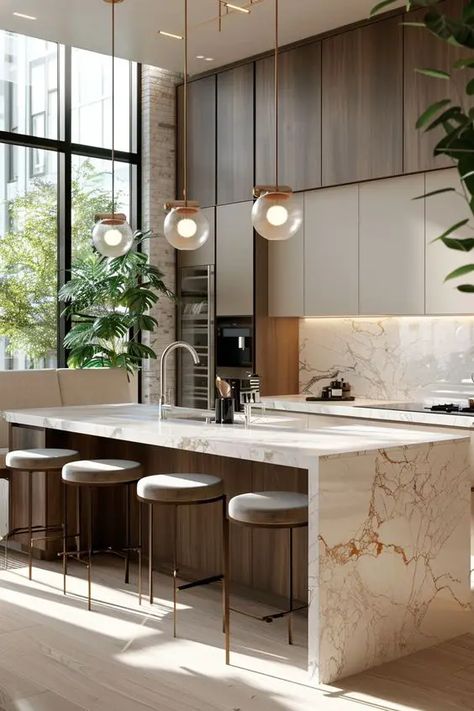 50 Modern Luxury Kitchen with Island Ideas - Home Soils Kitchen Island Wood And Marble Top, Countertop Island Ideas, Kitchen Ideas Marble Countertops, Luxury Kitchen With Island, Modern Contemporary Mood Board, Marble And Wood Kitchen, Kitchen Cooking Island, Kitchen With Island Ideas, Kitchen Ireland