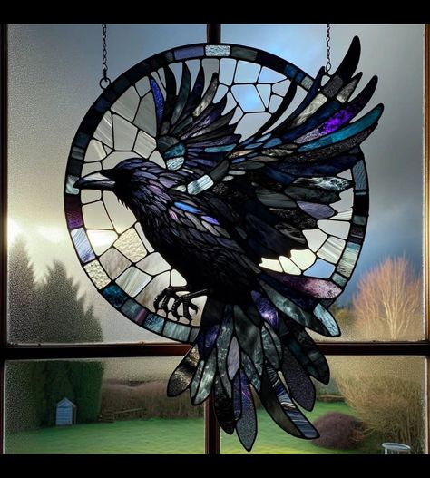 Crow Stained Glass Pattern, Stained Glass Crow, Raven Stained Glass Pattern, Stained Glass Boxes, Stained Glass Raven, Stained Glass Aesthetic Dark, Raven Stained Glass Window, Diy Stained Glass Window, Glass Window Art