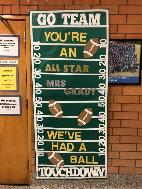 Teacher Appreciation for our Gym Teacher door decoration Pe Teacher Door Decoration, Teacher Appreciation Door, Teacher Appreciation Door Decorations, Teacher Appreciation Week Themes, Door Gym, Teacher Door Decorations, Sports Classroom, Teacher Appreciation Doors, Catholic Schools Week