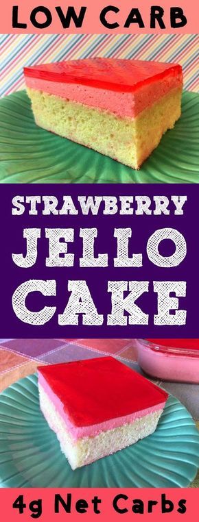 This Low Carb Strawberry Jello Cake is a layer of vanilla cake, topped with strawberry mousse filling with a layer of strawberry glaze on top. It's Atkins, Banting, THM, LCHF, Keto, Sugar Free and Gluten Free. It's also super delicious. #Lowcarb #lowcarbdiet #keto #ketogenic #LCHF #diet #best #glutenfree #sugarfree #jello #recipe #healthy Strawberry Mousse Filling, Strawberry Jello Cake, Salad Recipes Low Carb, Mousse Filling, Layered Jello, Jello Cake, Strawberry Glaze, Strawberry Mousse, Strawberry Jello