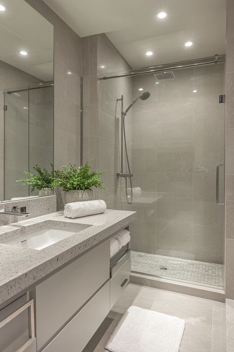 Discover modern bathroom ideas with sleek designs and clean lines. This elegant space features a spacious walk-in shower, reflective surfaces, and lush greenery that add a touch of nature. Perfect for a minimalist yet cozy vibe. 🛁✨ #BathroomDesign #HomeInspiration #ModernBathroomIdeas New Bathroom Designs Modern, Modern Clean Bathroom Design, Minimalist Bathroom Design Small Spaces, Upstairs Bathroom Ideas, Tile Ideas For Bathroom, Minimalistic Bathroom, Bathroom Lighting Ideas, Bathroom Layout Ideas, Restroom Remodel