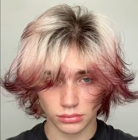 Transmasc Hair Dye Ideas, Short Hair With Red Ends, Dyed Male Hair, Bleached Hair With Colored Tips, Fox Dyed Hair Tips, Short Blonde Hair With Red Tips, Fox Hair Color Tips, Men Hair Dye Ideas Highlights, Guys Dyed Hair Ideas