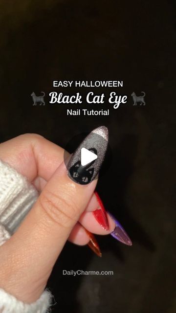 Daily Charme Official on Instagram: "EASY Halloween Black Cat Eye Nails for Beginners 🐈‍⬛✨ Comment "BLACK CAT" for everything you need to create this look! 🖤

Save & share for spooky nail inspo! 🎃

#halloweennails #cateyenails #fallnails #spookynails #blacknails #diynails #gelnails #nailtutorial #nailarttutorial #kawaiinails #cutenails #nailtrends #magneticnails #almondnails #nailinspo #nailtech #halloween2024 #halloween" Cat Eye Halloween Nail Art, Black Cat Eye Nails, Nails For Beginners, Spooky Nail, Basic Nail, Black Cat Eye, Eye Nails, Magnetic Nails, Halloween Black Cat