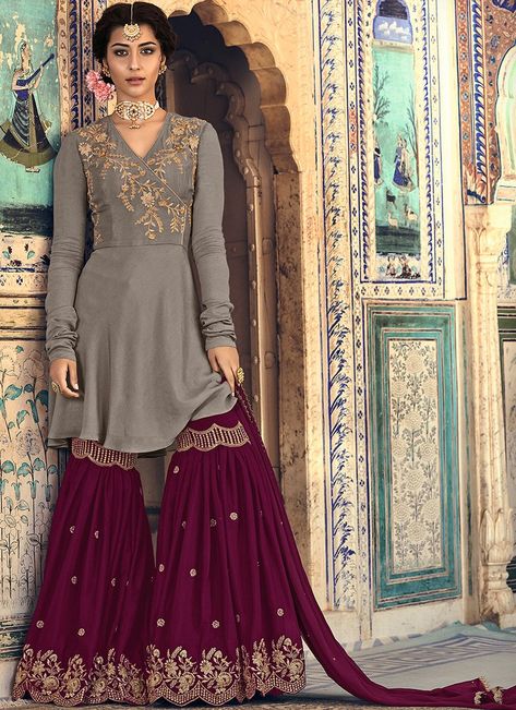 Grey and Red Embroidered Georgette Gharara Suit Latest Punjabi Suits, Gharara Suits, Party Wears, Angrakha Style, Formal Fashion, Palazzo Suit, Salwar Kameez Online, Sharara Suit, Desi Clothes