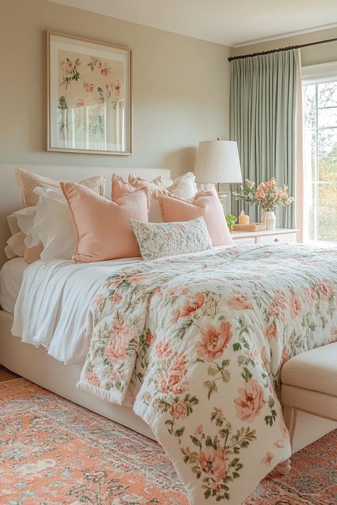 Bedroom Inspo For Big Rooms, Green Pink And Cream Bedroom, Light Peach Bedroom Walls, Pastel Green Bedroom Walls, Pink And Sage Green Bedroom Ideas, Peach Guest Bedroom, Pastel Green Room Ideas Bedroom, Peach And Cream Bedroom, Light Pink And Gold Bedroom