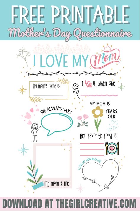 Free Printable Mother's Day Questionnaire Mother’s Day Questionnaire, Mothers Day Questionnaire Free Printable, Mothers Day Questionnaire, Mothers Day Card Template, Mother's Day Printables, I Love My Mom, Love My Mom, Mom Printable, School Printables