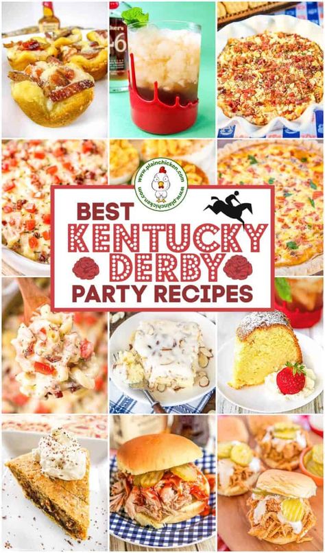 Kentucky Derby Party Recipes - essential recipes for your Kentucky Derby watch party! Mint Julep, Derby Pie, Kentucky Hot Browns, and more! We've got cocktails, appetizers, main dishes, and desserts. Something for everyone! All of the recipes are easy to make and can be made a day in advance. SO grab your fancy hat and get ready to celebrate! Kentucky Derby Appetizers, Bourbon Dessert, Hot Browns, Preakness Party, Kentucky Derby Food, Kentucky Derby Recipes, Derby Recipe, Kentucky Derby Themed Party, Derby Party Food