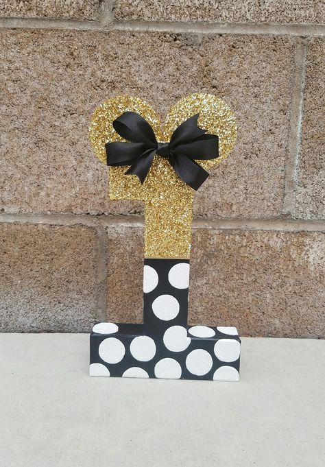 Minnie mouse inspired photo prop, age photo prop, paper mache number, cake smash, birthday decoration, cake table decor, centerpiece by KinzleysBowtique on Etsy Cake Table Decor, Age Photos, Cake Table Decorations, Decoration Cake, Prop Making, Number Cake, Etsy Ideas, Gold Polka Dots, Painted Letters